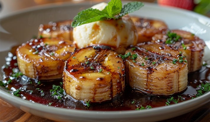 Em cima de uma mesa, prato redondo com bananas fritas cortadas em rodelas, no meio sorvete de coco, decorado com folha de hortelã.