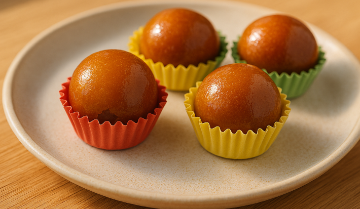 Prato claro com quatro brigadeiros caramelizados em forminhas coloridas.