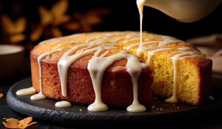 Fotografia de um bolo redondo, com textura úmida e dourada, sendo regado com uma cobertura branca. O cenário é envolto em folhas de outono desfocadas.
