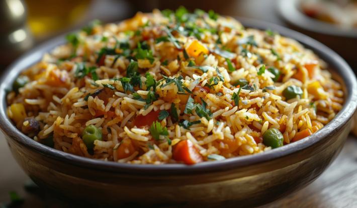 Imagem de um bowl rústico escuro com a receita do arroz de forno colorido decorado com salsinha.