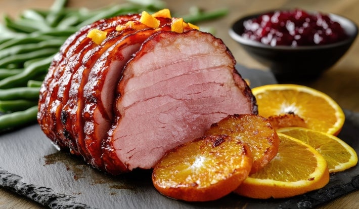 Fotografai em tons claros de de um tender fatiado, no ponto, com cinco fatias caramelizadas de laranja, sobre um apoio preto retangular.