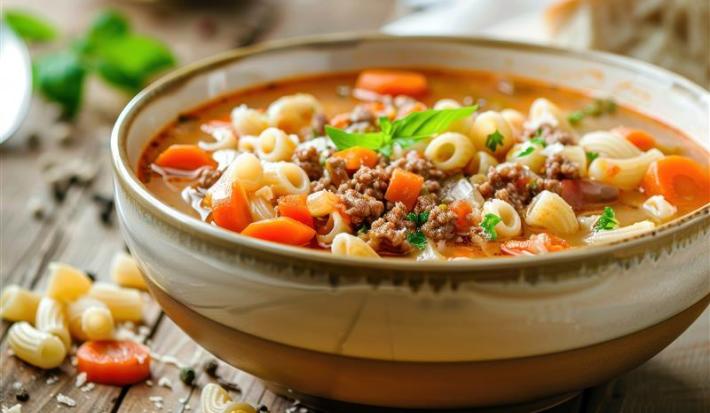 Imagem da receita de sopa de macarrão e feijão italiana, servida e uma tigela de cerâmica marrom.