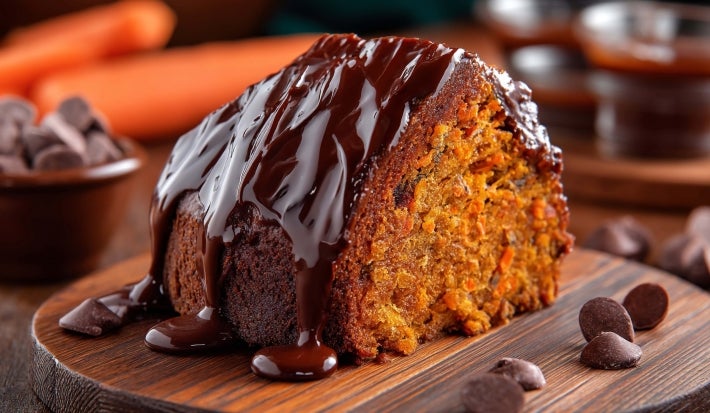Fotografia de uma fatia de bolo de cenoura, com textura rica e cobertura de ganache de chocolate, e rodeada por cenouras e mais chocolate.