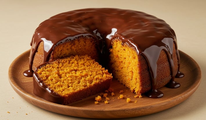 Bolo de cenoura em forma de anel, com a mesma cobertura generosa de chocolate escorrendo. Uma fatia já foi retirada e está deitada ao lado, mostrando a textura úmida e fofa da massa.