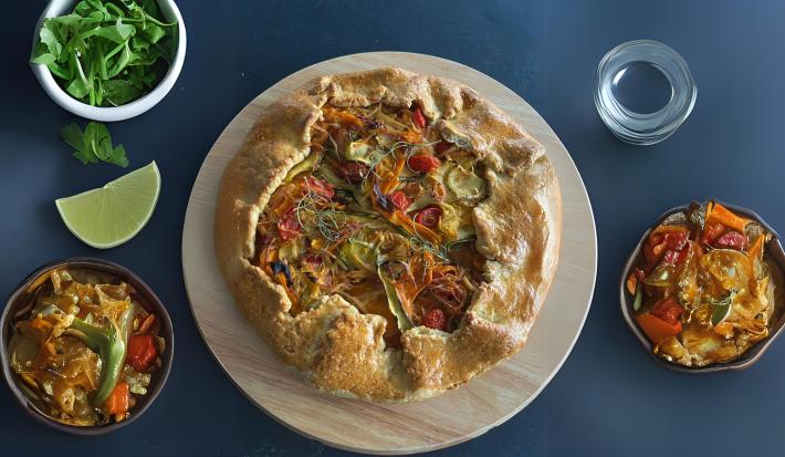 Fotografia em tons de marrom com uma torta rústica de legumes ao centro. Dentro da torta existe fatias de abobrinha, cenoura, alho poró e tomates.