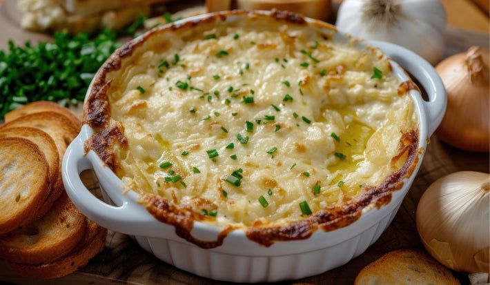 Recipiente de porcelana branca com queijo gratinado e pedaços de cebolinha picada.