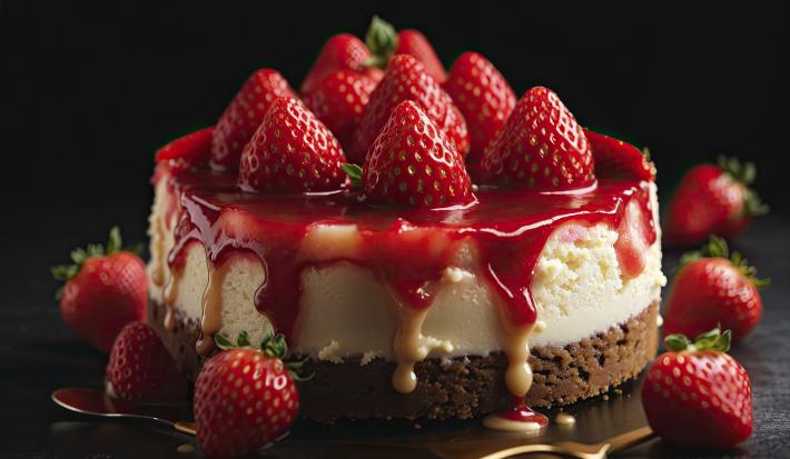 Fotografia de uma torta de caramelo com frutas vermelhas e morangos. Ao lado da torta tem vários morangos espalhados.