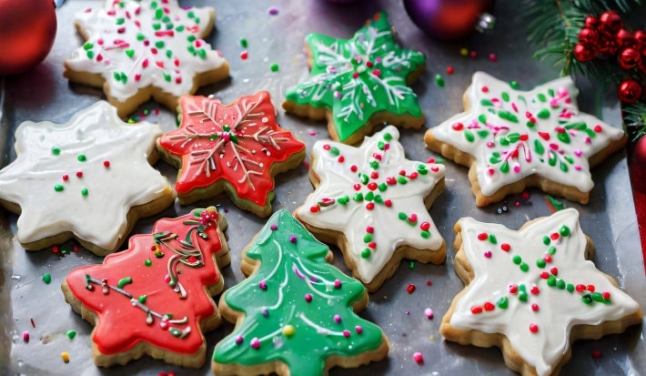 Em cima de uma mesa, prato com biscoitos em formato de estrelas e árvores de Natal, decorados com glacê colorido e confeitos coloridos de bolinhas verde e vermelho.