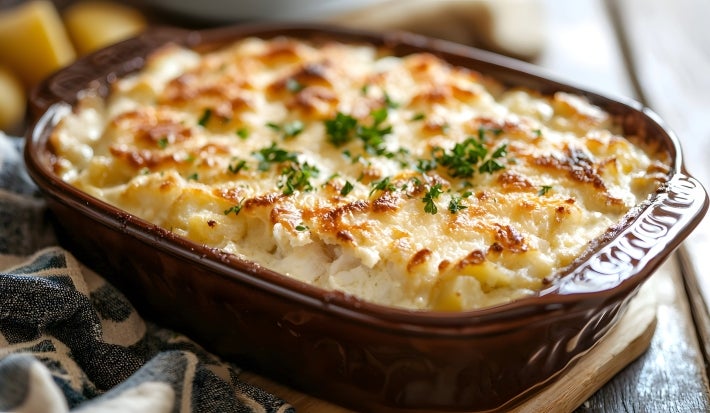 Em cima de uma mesa, recipiente com bacalhau cremoso gratinado com queijo, decorado com cheiro-verde picado.