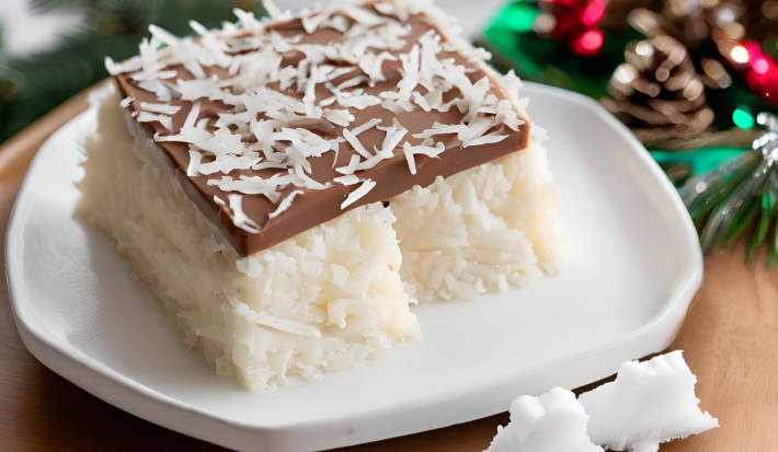 Foto da receita de prestígio na travessa, servido em fatia com uma camada de creme de coco coberta com ganache de chocolate e decorado com coco ralado, sobre uma mesa decorada para o natal