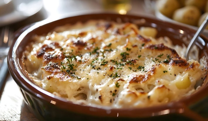 Em cima de uma mesa, recipiente redondo com bacalhau cremoso gratinado com queijo, decorado com cheiro-verde picado.