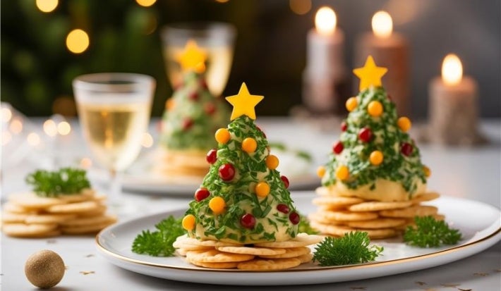 Em cima de uma mesa, prato redondo com bolachas. Em cima das bolachas creme em formato de árvore de natal, decorado com pedaços de cheiro verde e um pedaço de queijo em formado de estrela.