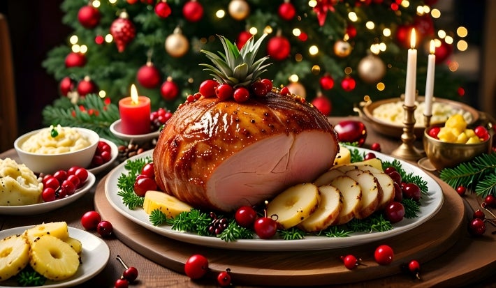 Ftogografia em clima de natal do tender sobre um prato grande e raso, de cor branco. No fundo tem uma árvore de natal iluminada e decorada. Na mesa tem velas, acompanhamentos e algumas frutas.