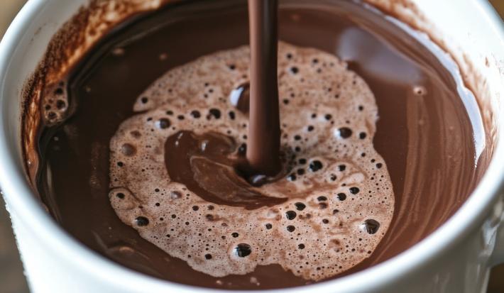 Fotografia de uma xícara branca com chocolate quente, sobre uma mesa de madeira.