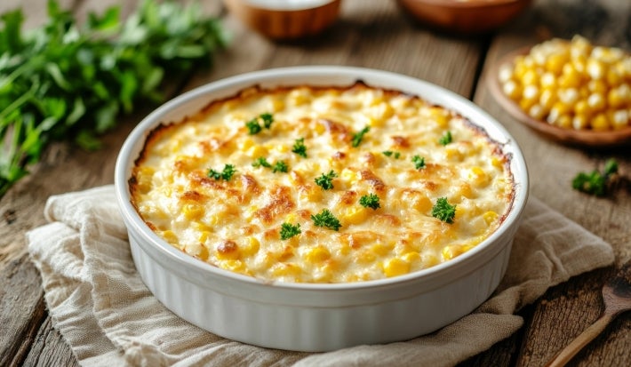 Em cima de uma mesa, recipiente de porcelana redondo com queijo gratinado, decorado com salsinha picada.