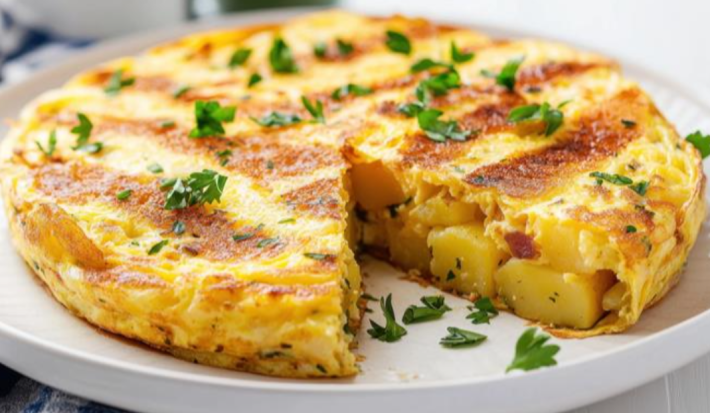 Sobre um prato branco, uma tortilha de batatas em tons amarelo e dourado está fatiada, dentro vê-se pedaços de batata. Salsinha verde picada decoram por cima.