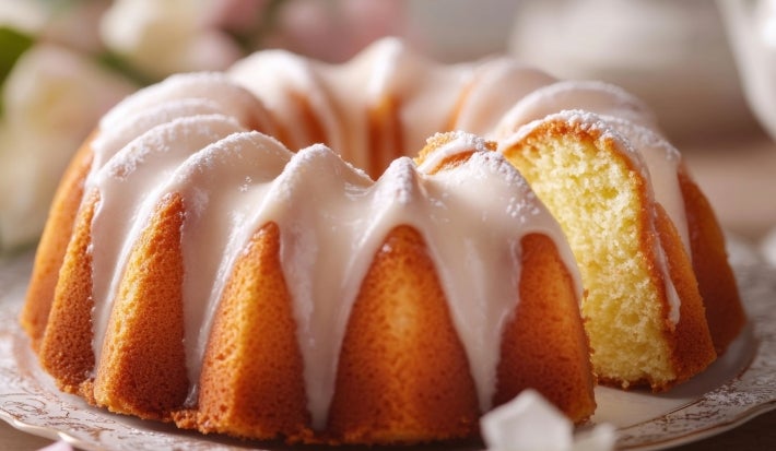 Fotografia de um bolo bundt dourado, apresentado em um prato decorativo. O bolo possui uma cobertura branca brilhante, levemente polvilhada com açúcar de confeiteiro, em um fundo suave com elementos florais.
