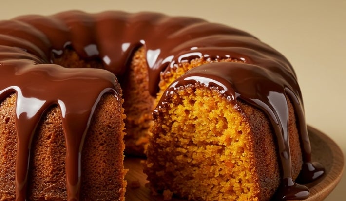 Um bolo de cenoura assado em forma de anel, com cobertura espessa de chocolate brilhante escorrendo pelas laterais. O bolo está parcialmente cortado, revelando sua textura macia e alaranjada no interior.