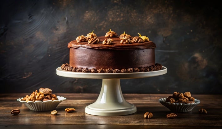 Bolo de chocolate decorado, apresentado em um pedestal branco. Coberto com uma cobertura lisa e brilhante, é adornado com nozes inteiras e detalhes em chocolate.