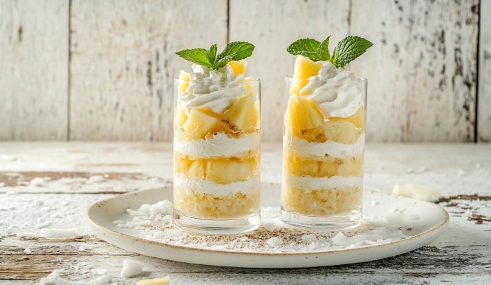 Fotografia em tons claros de dois copos longos com a sobremesa em camadas com pedaços de abacaxi, decorados com chantilly e hortelã.