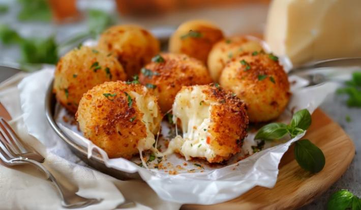 Fotografia em tons de branco com uma panelinha prateada ao centro. Em cima da panela existe 8 bolinhos de arroz feitos de risoto chamados "arancini" feitos na air fryer e recheados com queijo mussarela