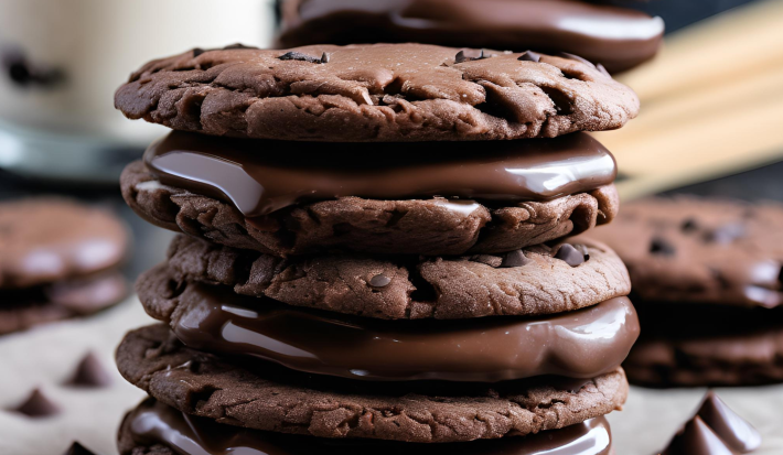 Fotografia mostra um sanduiche de cookies sabor de chocolate com gotas de chocolate recheado com uma ganache de chocolate brilhante e cremosa.