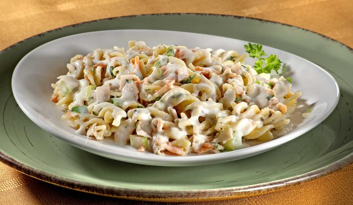 fotografia em tons de verde e branco tirada de um prato redondo verde, por cima um prato redondo branco com macarrão e creme por cima.