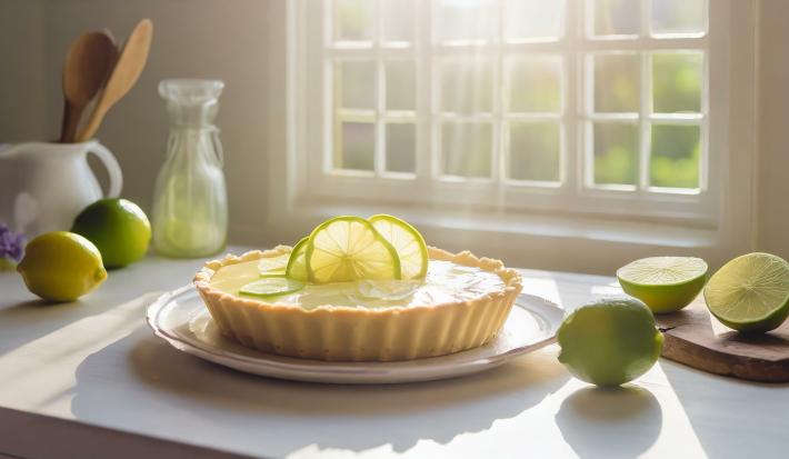 Fotografia de uma torta de limão com base de aveia, avelã e cacau. No meio do creme da torta tem algumas fatias finas de limão. A torta está em um prato grande branco decorativo, que está sobre uma mesa de madeira, ao redor tem limões inteiros.