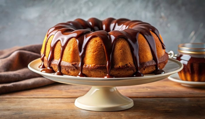 Fotografia de um bolo bundt dourado, coberto com um brilho de chocolate escuro, apresentado em um pedestal claro.