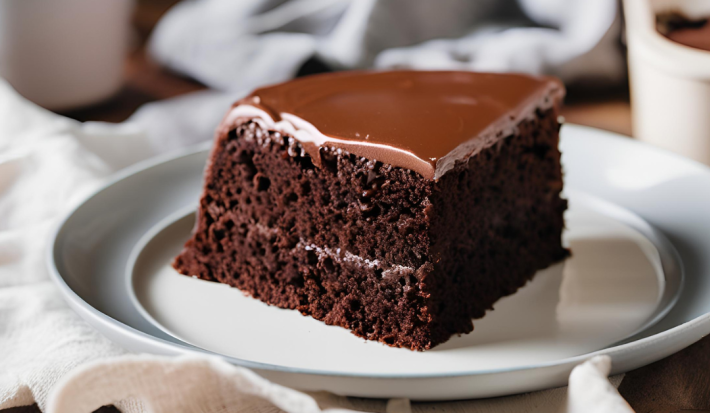 Fotografia mostra uma fatia de bolo de chocolate com cobertura de chocolate sobre um prato branco