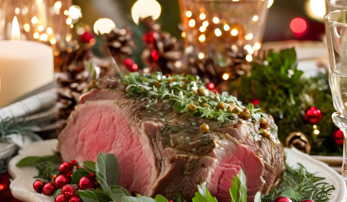 Foto da receita de pernil de cordeiro coberto com molho de hortelã sobre uma mesa inteira decorada com adornos natalinos