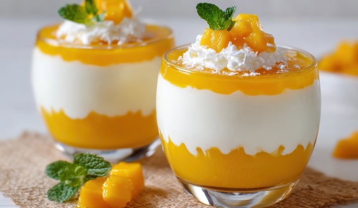 Fotografia em tons claros de dois recipientes de vidro pequenos com a sobremesa, o creme e o abacaxi bem caramelizado.