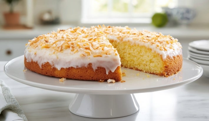 Fotografia de um bolo redondo com crosta dourada e interior amarelo, coberto com glacê branco e flocos de coco tostados, apresentado em um pedestal branco. Uma fatia foi cortada.