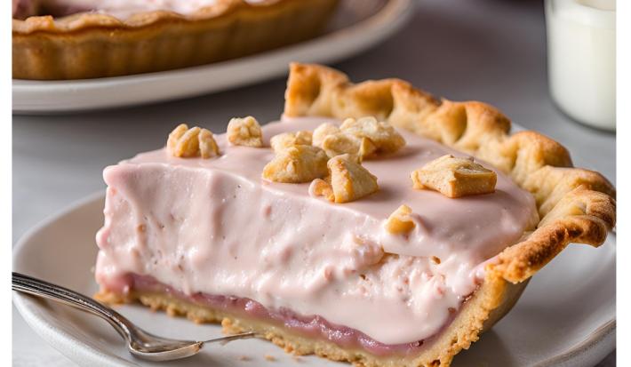 Fotografia de uma fatia de torta de amora com recheio cremoso sobre um prato branco raso, ao lado de um garfo.