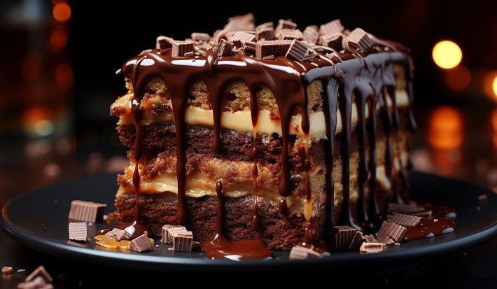 Em cima de uma mesa, prato redondo com fatia de bolo de chocolate, recheado com creme branco e com cobertura de chocolate cremoso.