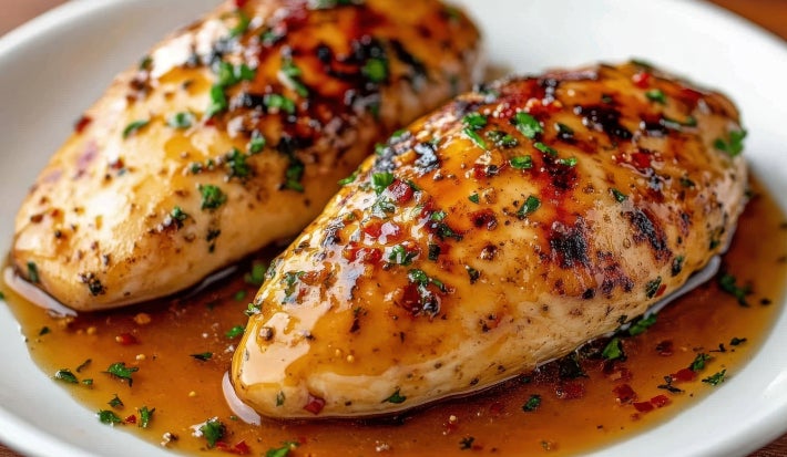 Fotografia de um peito de frango temperado com laranja e mel e cozido ao molho de laranja