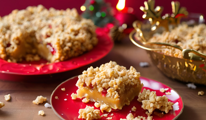 Receita de Cuca Natalina da Vó Rosa, tradicional e deliciosa, feita com uma massa à base de nata e farinha, com frutas cristalizadas e finalizada com uma farofa doce crocante, servida em uma mesa de natal sobre um prato vermelho