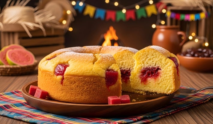 Fotografia de um bolo amarelo redondo, com recheio de goiabada visível, polvilhado com açúcar de confeiteiro. O bolo está em um prato de madeira, cercado por elementos festivos.