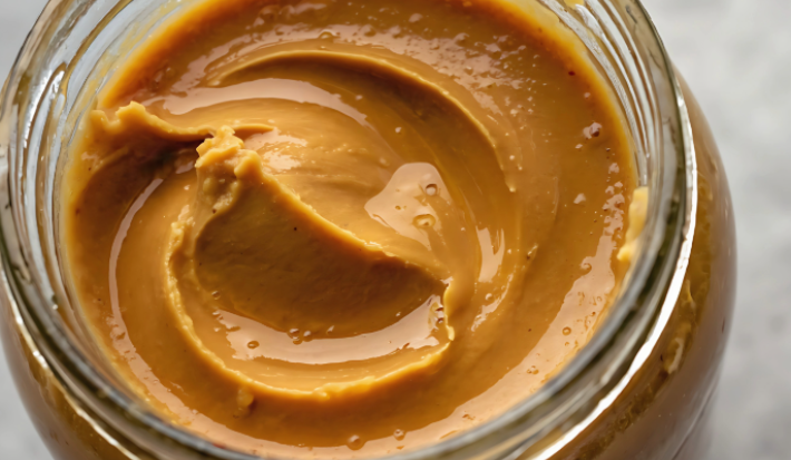 A imagem mostra uma receita de um pote de vidro transparente com um creme marrom dentro.