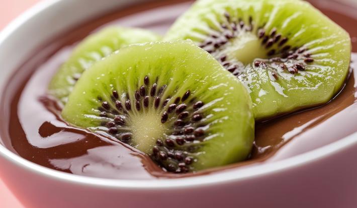 Fotografia de duas fatias de kiwi dentro de um creme de chocolate.