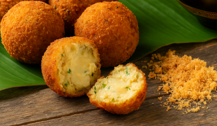 Receita de Bolinho de Piracuí Paraense, visto bem próximo com um bolinho aberto na metade e mostrando o recheio