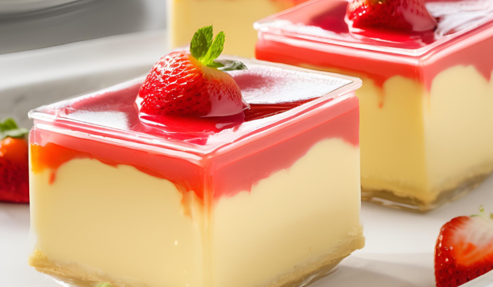 Foto da receita de creme belga com morango servida em taças retangulares a altas, compostas por creme branco e cobertura de gelatina de morango, com morangos para decorar por cima e por toda a mesa branca