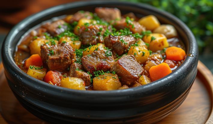 Fotografia em tons de castanho com um prato fundo preto ao centro. Dentro do prato existe uma carne de panela com batatas e cenouras banhadas em um molho de cor caramelo e cobertas por cebolinha.
