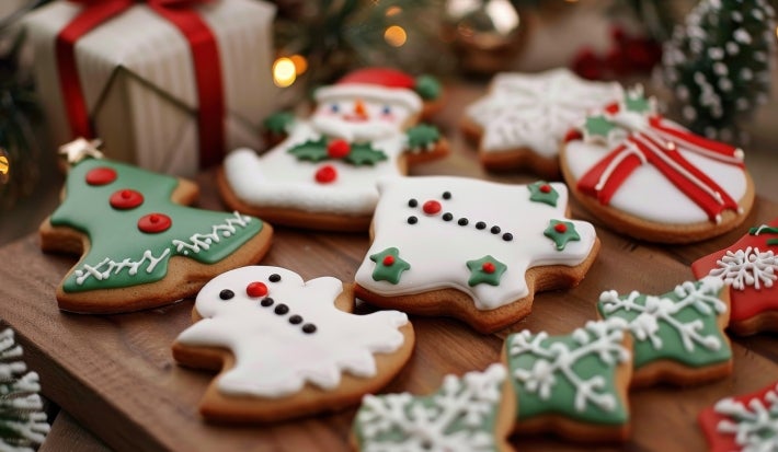 Em cima de uma mesa, biscoitos em forma de boneco de neve, árvore de Natal, decorado com glacê branco e verde.