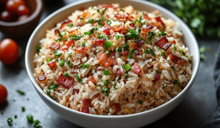 Em cima de uma mesa, porção de arroz com bacon picado.