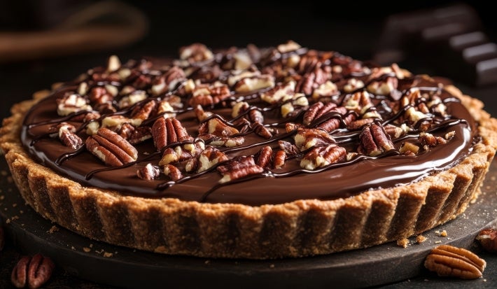 Fotografia em tons mais escuros de uam torta inteira média de uma torta de chocolate com nozes sobre um apoio cinza com nozes espalhadas, ao redor da torta.