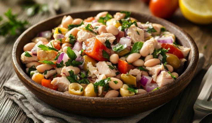 Fotografia em tons de marrom com um prato fundo ao centro. Dentro do prato existe uma receita de peixe com salada colorida feita com tomate, grão de bico, tomate e coentro
