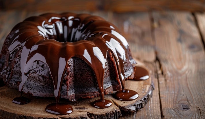 Fotografia de bolo de chocolate em forma de bundt, coberto com um brilho de chocolate que escorre pelas laterais. O bolo está sobre uma superfície de madeira rústica.