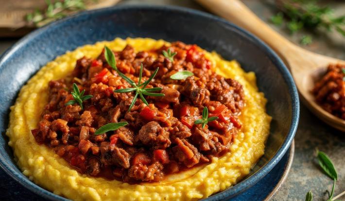 Fotografia de um prato azul fundo com uma receita de ragu de linguiça ao molho sobre uma receita de polenta.