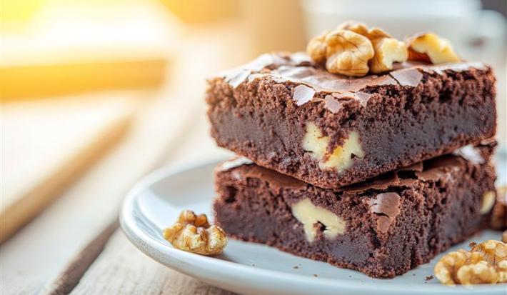Fotografia de dois pedaços, um sobre o outro, de brownie com nozes sobre um prato de vidro raso.